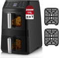 Friteuse à air chaud, 11 L, 2500 W, 6 programmes, 40 à 220 °C, Friteuse sans Huile à 2 Tiroirs de Visualisation, 6 Fonctions de Cuisson