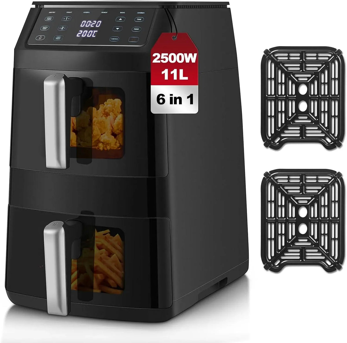 Friteuse à air chaud, 11 L, 2500 W, 6 programmes, 40 à 220 °C, Friteuse sans Huile à 2 Tiroirs de Visualisation, 6 Fonctions de Cuisson