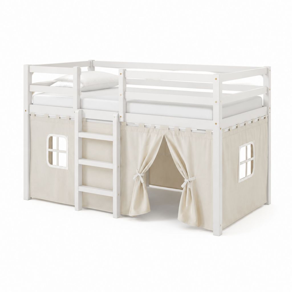 Lit mezzanine enfant blanc en pin massif avec rideau en coton 90 x 200 cm
