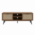 Meuble TV 2 portes en MDF plaqué noyer et cannage de rotin 160 x 40 x 60 cm