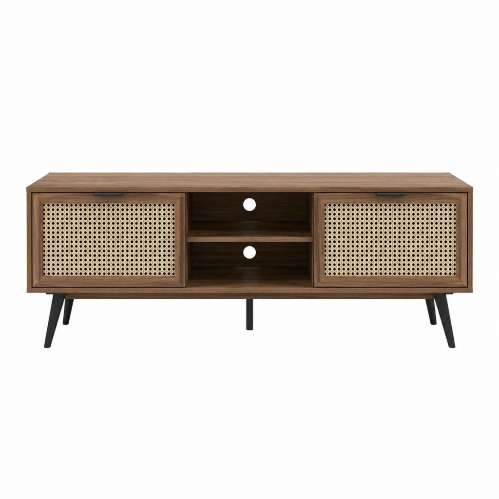 Meuble TV 2 portes en MDF plaqué noyer et cannage de rotin 160 x 40 x 60 cm