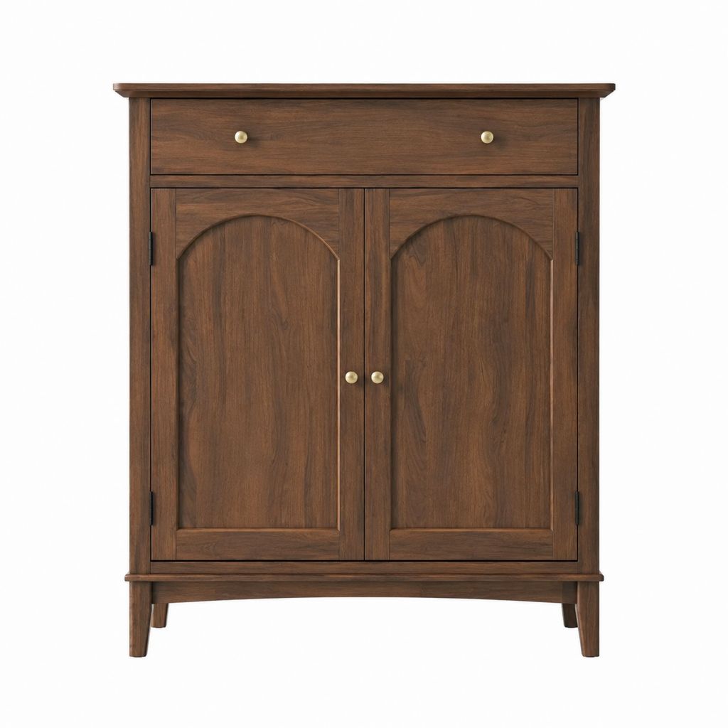 Console haute de rangement 2 portes 1 tiroir marron noyer en bois massif rectangulaire 90 x 40 x 120 cm