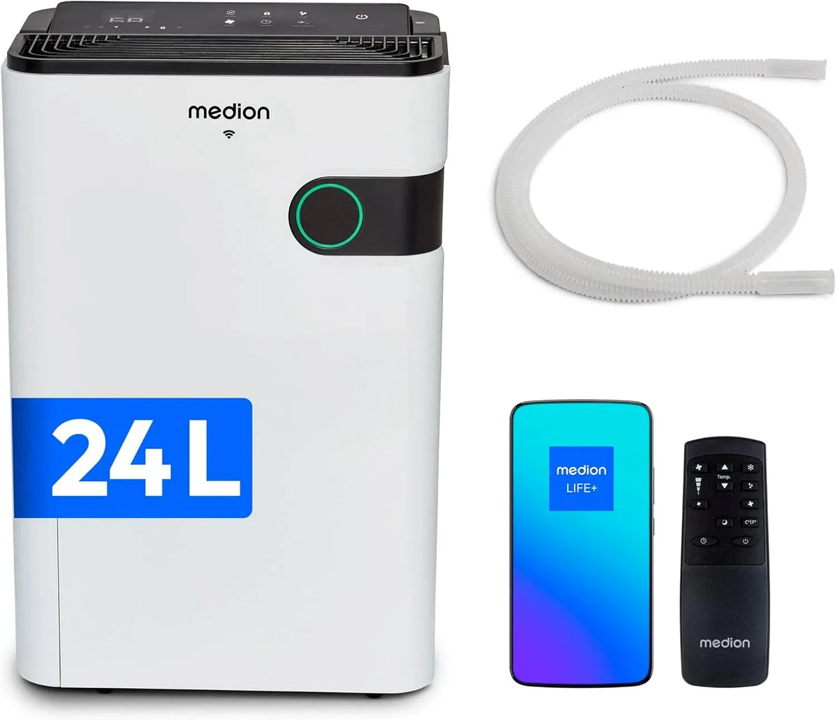 Déshumidificateur, 5 L, 280 W, MEDION 24L/jour, tactile, grand réservoir, jusqu'à 40m², 2 niveaux de vitesse, commande tactile