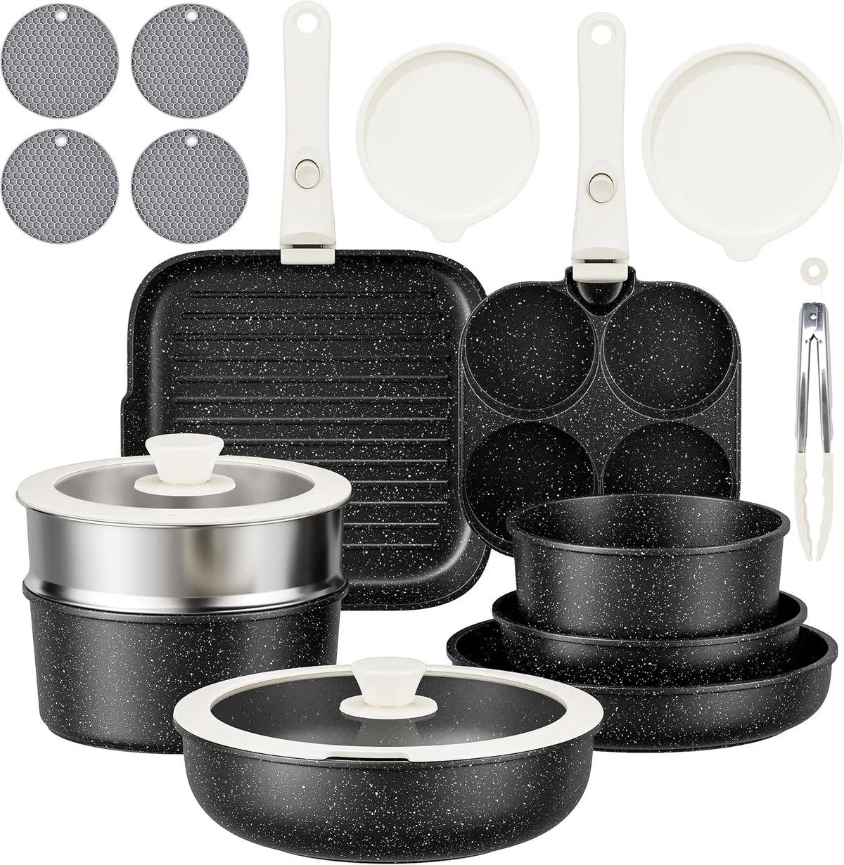 Poêle grill, RIOVARM, ustensile de cuisine, batterie de casseroles et poêles, Induction Batterie de cuisine avec Poignées Détachables