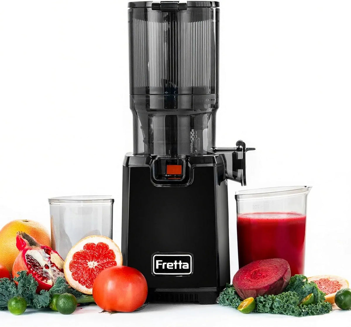 Sans BPA, Noir, Fretta Extracteur à Mastication Lente 135mm Grande Goulotte, 250W, Capacité 1,8L, Silencieux, Nettoyage facile, Garantie 2 an, 1,8 L