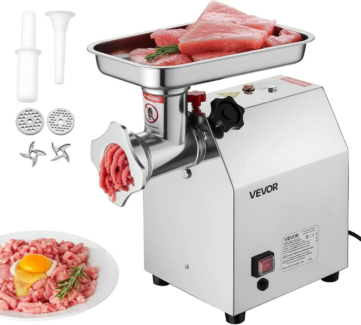 VEVOR Hachoir à viande électrique, poussoir à saucisses industriel de comptoir avec lame, pour hachoir commercial en acier inoxydable pour cuisine et