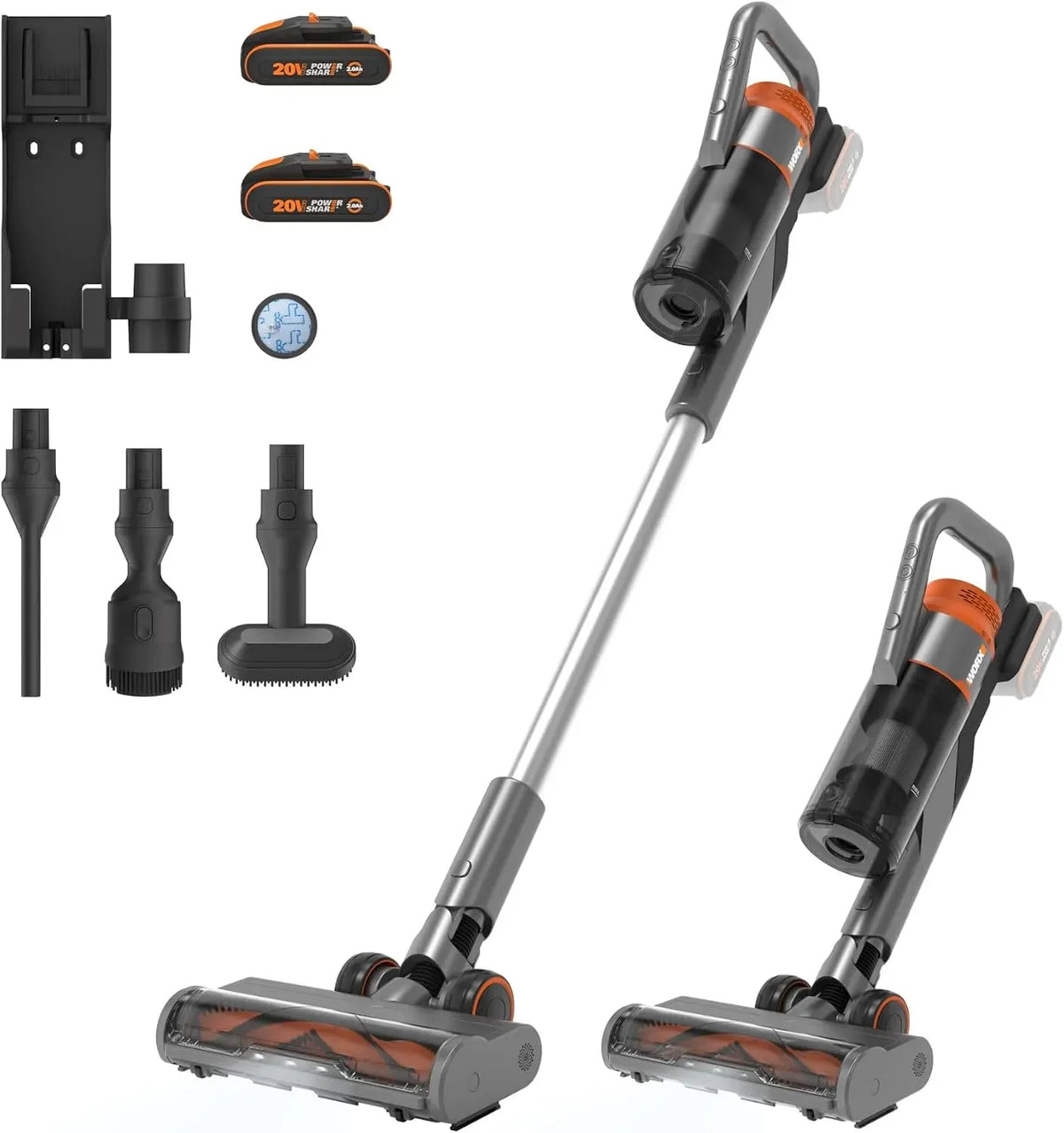 Aspirateur, 20 V, WORX WX038 45min, 0Ah Batterie et Chargeur Inclus, Puissant 25kPa, Powershare 2*2