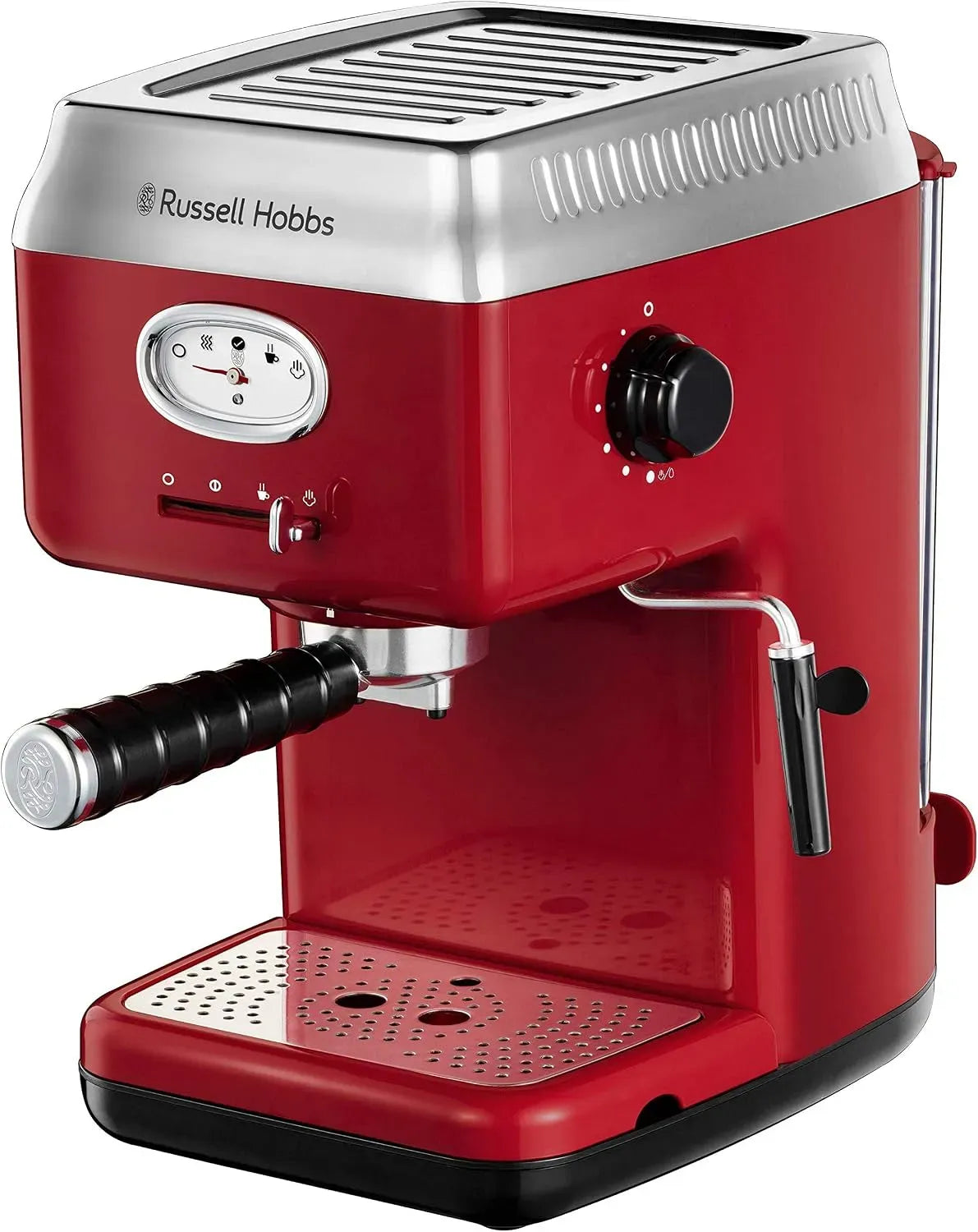 Russell Hobbs Radiateur électrique, 1,1 L, grand réservoir, vapeur, amovible, rouge, Pression 15 bars, buse à vapeur et à mousse de lait