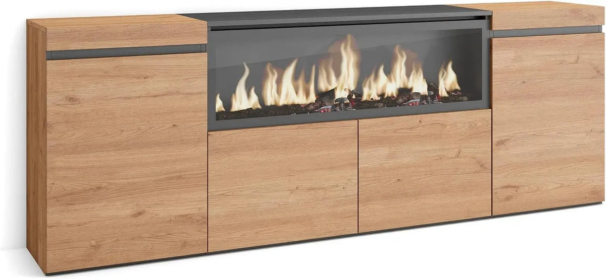 Cheminée électrique XXL, Skraut Home, pour Buffet Salon et Cuisine, 210, 4 Portes, Meuble de Rangement, Commode