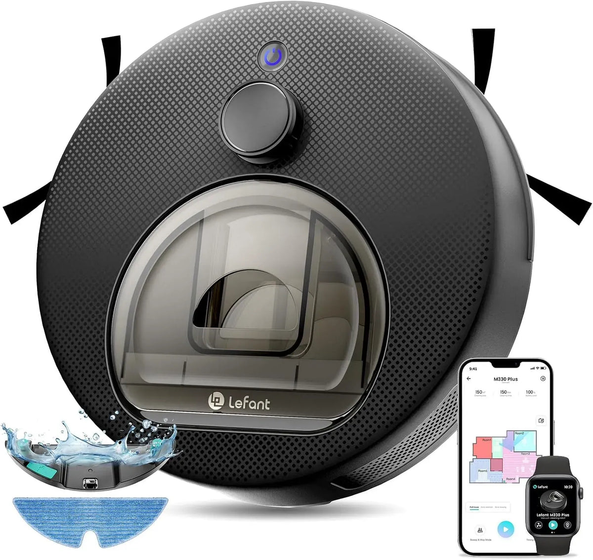 Lefant M330 3en1 Robot aspirateur, 3 niveaux, noir, APP/Alexa, 5000Pa, 160Min, Système Freemove 3, 3 Niveaux d'Aspiration