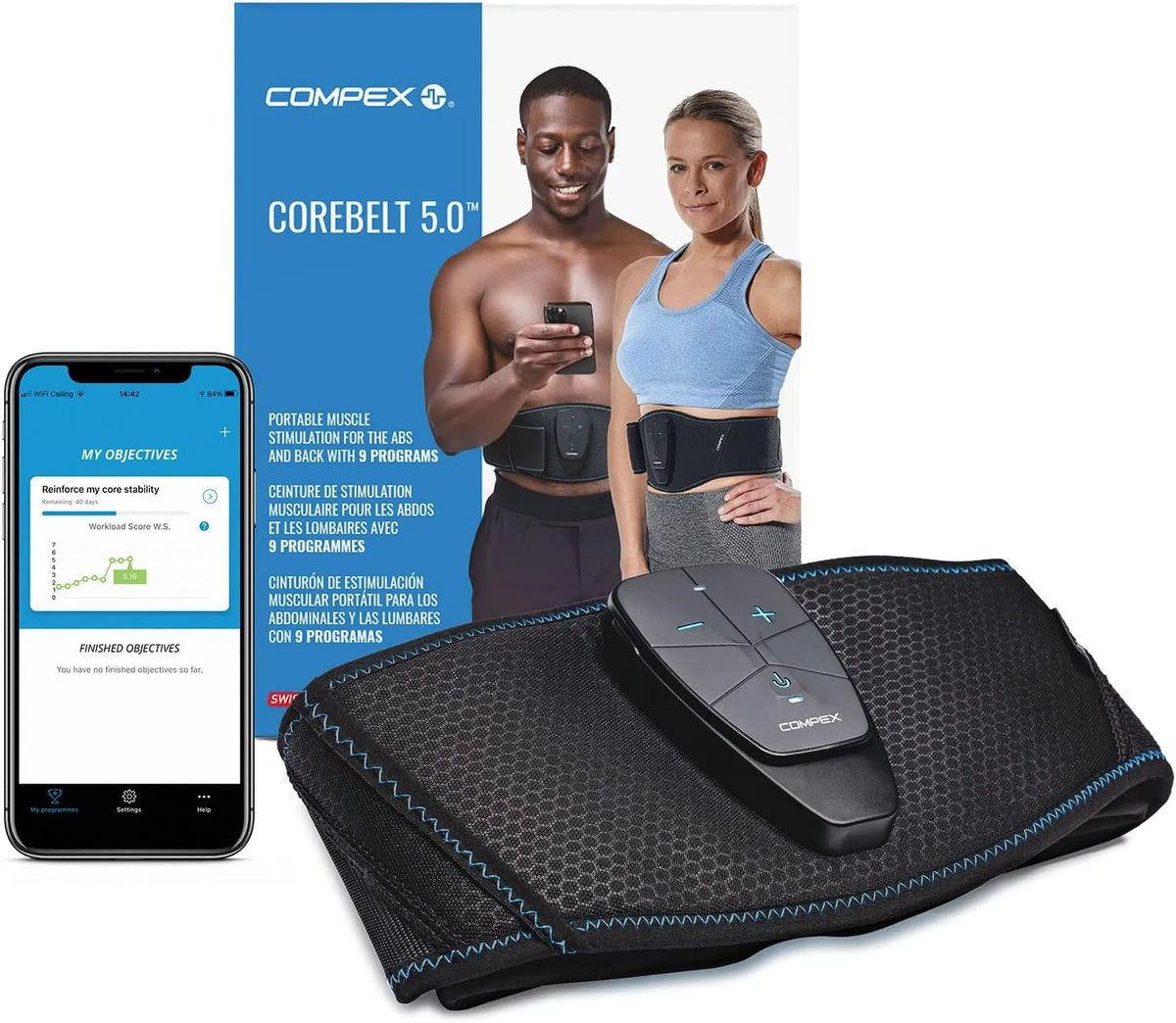 Compex Corebelt 5, Ceinture d'électrostimulation abdominale et lombaire, 9 programmes pour obtenir un ventre plus plat et plus ferme, EMS