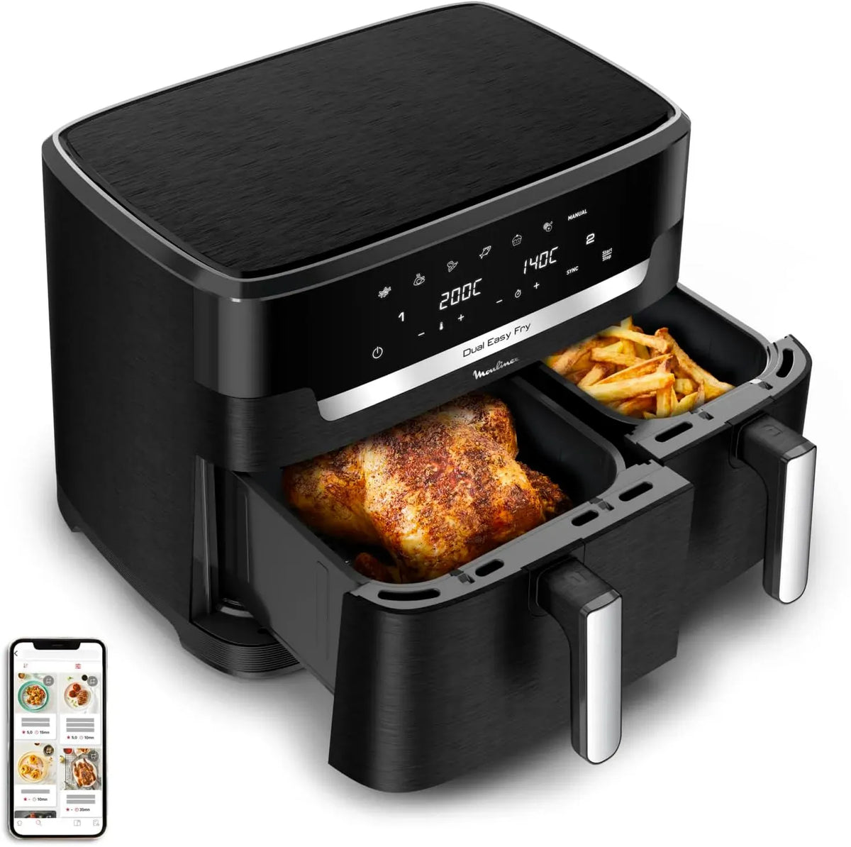Moulinex Friteuse à air chaud, 11 L, 7 programmes, noir, Friteuse sans huile double tiroir pour 10 personnes, 7 programmes automatiques