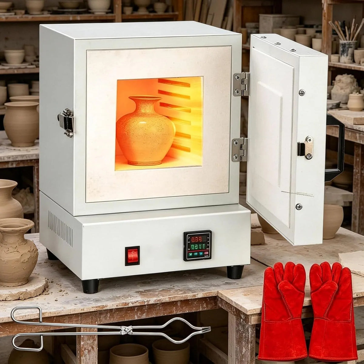 Four électrique, 2000 W, 2 zones de température, Chauffage 4 Côtés, Température 1150°C, Four à Poterie Électrique 2000W, Verre & Fusion de Métaux