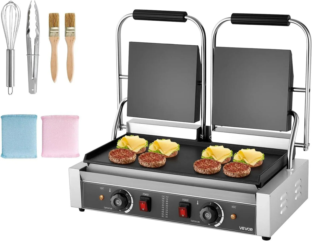 VEVOR Presse, gril à panini et croque-monsieur, 48,5x23 cm, 3600 W, 2 zones de température, acier inoxydable, pour Hamburger
