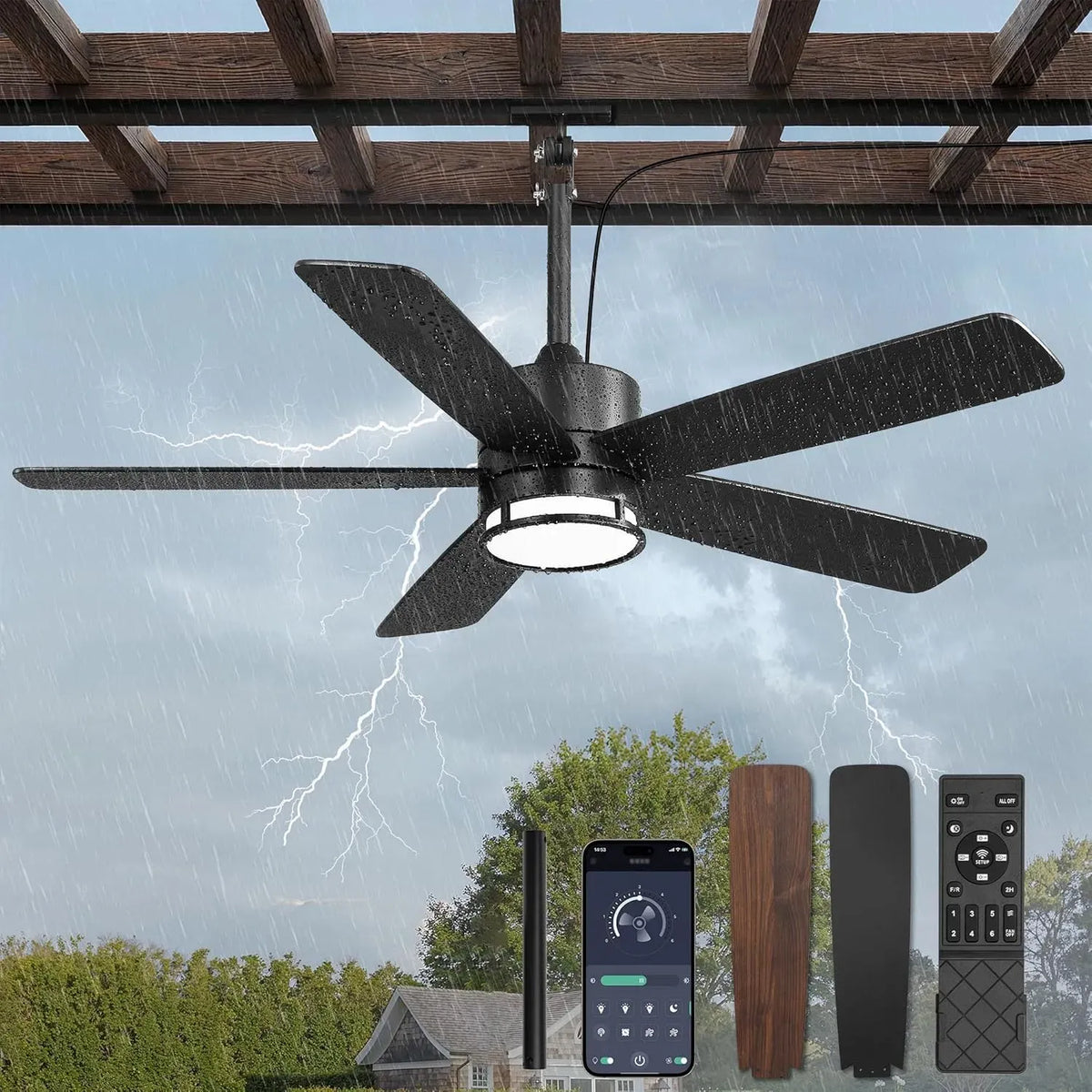 Ventilateur Telecommande116cm, extérieur, IP65, décoration de salon, silencieux, noir, 6 Vitesses